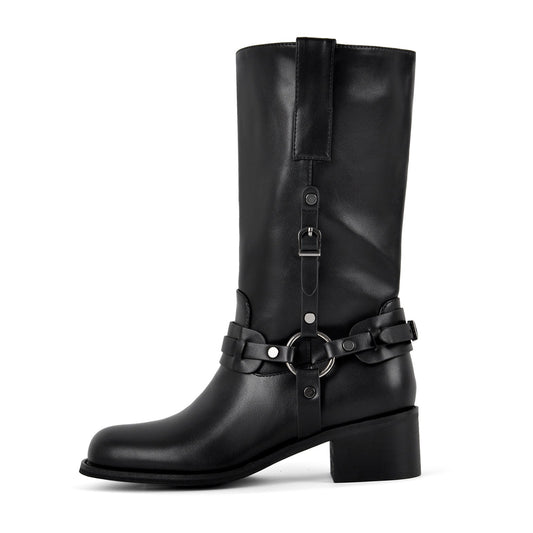 Square Toe Buckle Strap Mid-Calf Boots - Onlymaker New