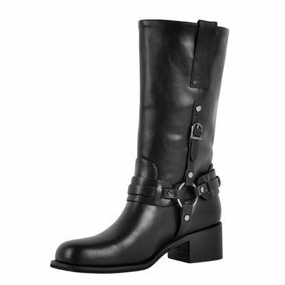 Square Toe Buckle Strap Mid-Calf Boots - Onlymaker New