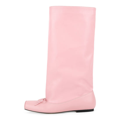 Square Toe Bow Flat Mid-Calf Boots - Onlymaker Exclusive