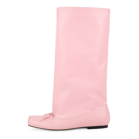 Square Toe Bow Flat Mid-Calf Boots - Onlymaker Exclusive