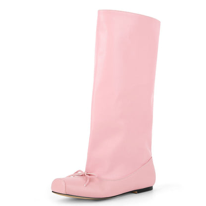 Square Toe Bow Flat Mid-Calf Boots - Onlymaker Exclusive