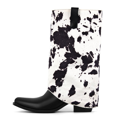 Pointed Toe Cowhide Fold Over Mid-Calf Boots - Onlymaker Customer Favorite