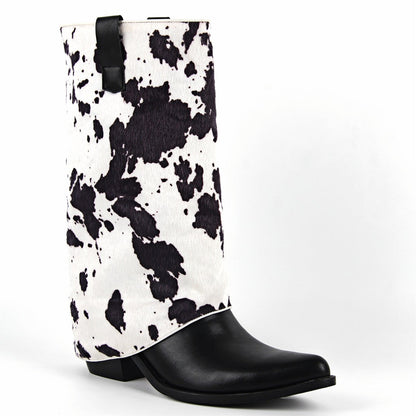 Pointed Toe Cowhide Fold Over Mid-Calf Boots - Onlymaker Customer Favorite