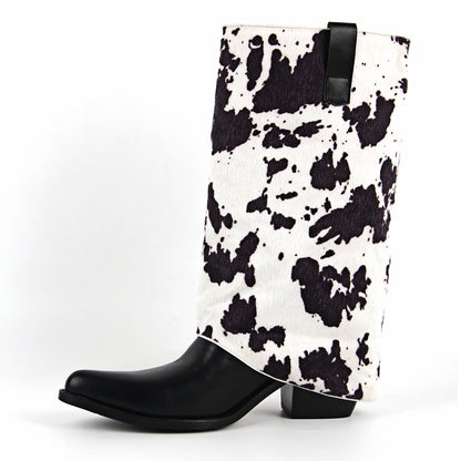 Pointed Toe Cowhide Fold Over Mid-Calf Boots - Onlymaker Customer Favorite