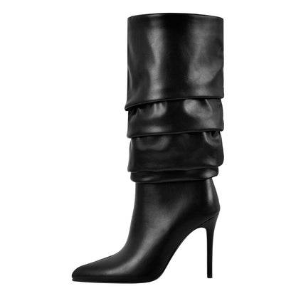Pointed Toe Pleated Stiletto Mid-Calf Boots - Onlymaker Classic