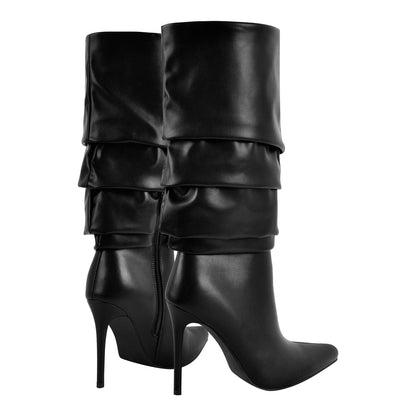 Pointed Toe Pleated Stiletto Mid-Calf Boots - Onlymaker Classic