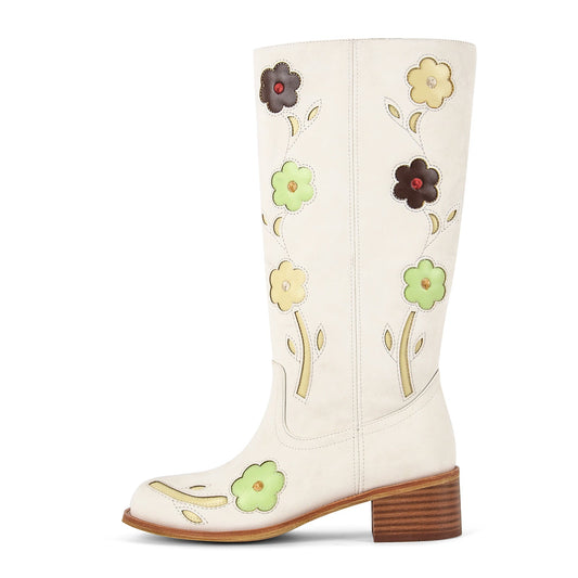 Square Toe Flower Embroidery Mid-Calf Boots - Onlymaker Latest