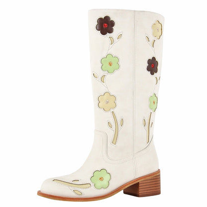 Square Toe Flower Embroidery Mid-Calf Boots - Onlymaker Latest