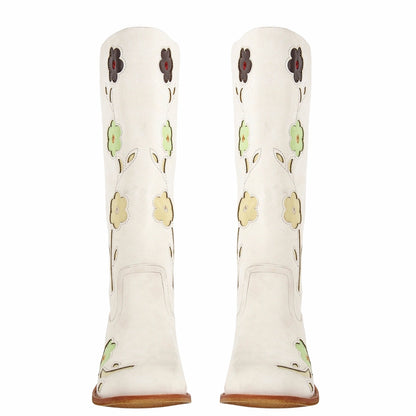 Square Toe Flower Embroidery Mid-Calf Boots - Onlymaker Latest