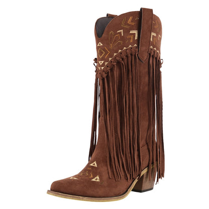 Suede Fringe Embroidery Mid-Calf Western Boots - Onlymaker Classic