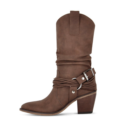 Ruched Buckle Strap Mid-Calf Western Boots - Onlymaker Exclusive