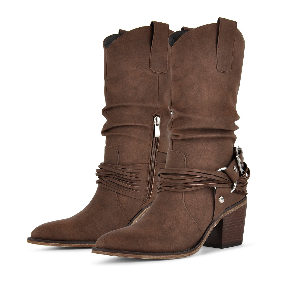 Ruched Buckle Strap Mid-Calf Western Boots - Onlymaker Exclusive