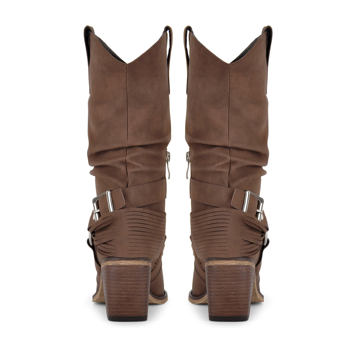 Ruched Buckle Strap Mid-Calf Western Boots - Onlymaker Exclusive