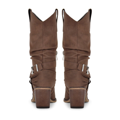 Ruched Buckle Strap Mid-Calf Western Boots - Onlymaker Exclusive