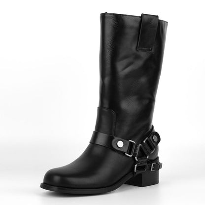 Buckle Strap Chunky Heel Mid-Calf Boots - Onlymaker Premium