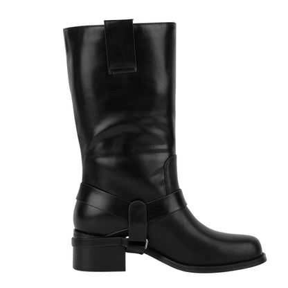 Buckle Strap Chunky Heel Mid-Calf Boots - Onlymaker Premium