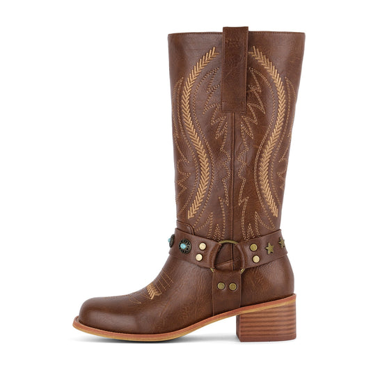 Square Toe Embroidery Stud Strap Mid-Calf Boots - Onlymaker New