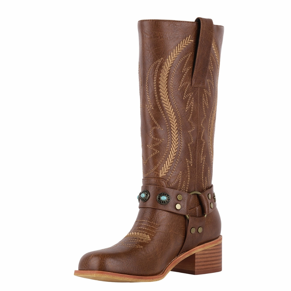 Square Toe Embroidery Stud Strap Mid-Calf Boots - Onlymaker New
