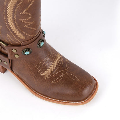Square Toe Embroidery Stud Strap Mid-Calf Boots - Onlymaker New