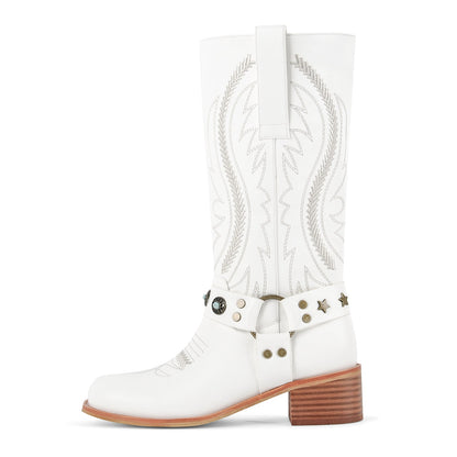 Square Toe Embroidery Stud Strap Mid-Calf Boots - Onlymaker New