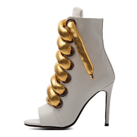 Peep Toe Thick Metallic Rope Lace-up Ankle Boots - Onlymaker Recommended