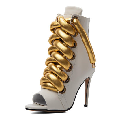 Peep Toe Thick Metallic Rope Lace-up Ankle Boots - Onlymaker Recommended