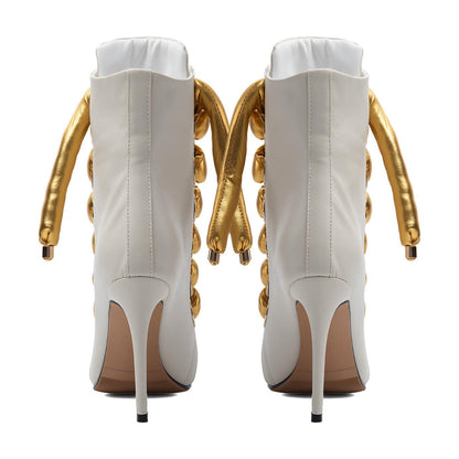 Peep Toe Thick Metallic Rope Lace-up Ankle Boots - Onlymaker Recommended