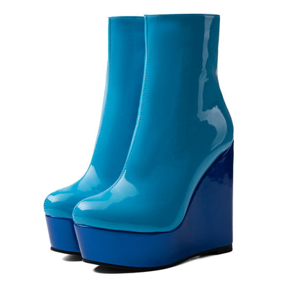Platform Patent Leather Wedge Heel Ankle Boots - Onlymaker Best Seller