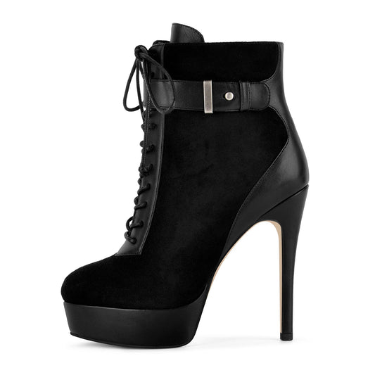 Suede Platform Lace-up Buckle Stiletto Ankle Boots - Onlymaker Latest