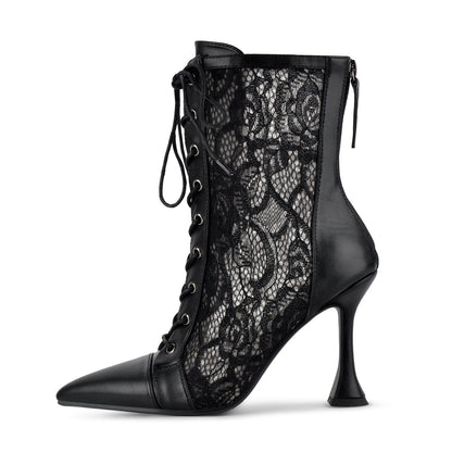 Pointed Toe Lace Mesh Lace-up Ankle Boots - Onlymaker Quality