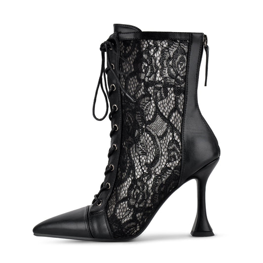 Pointed Toe Lace Mesh Lace-up Ankle Boots - Onlymaker Quality