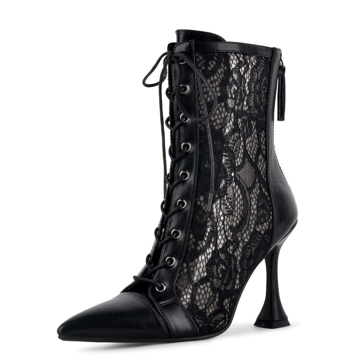 Pointed Toe Lace Mesh Lace-up Ankle Boots - Onlymaker Quality