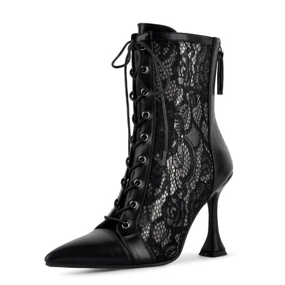 Pointed Toe Lace Mesh Lace-up Ankle Boots - Onlymaker Quality