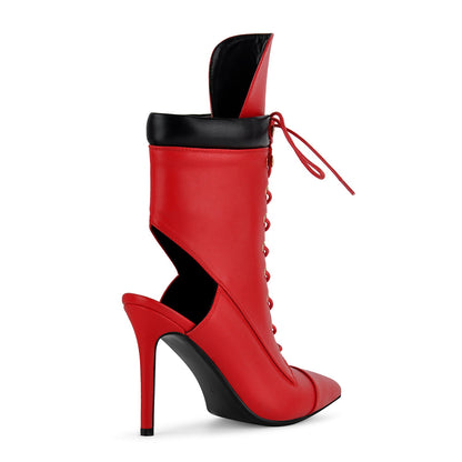 Pointed Toe Lace-up Cutout Ankle Boots - Onlymaker Great Value
