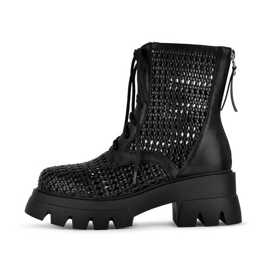 Platform Woven Cutout Lace-up Ankle Boots - Onlymaker Special Offer