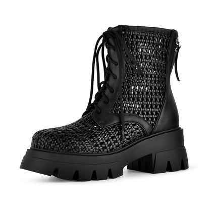 Platform Woven Cutout Lace-up Ankle Boots - Onlymaker Special Offer