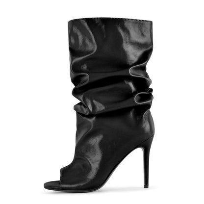 Open Toe Ruched Leather Stiletto Ankle Boots - Onlymaker Exclusive