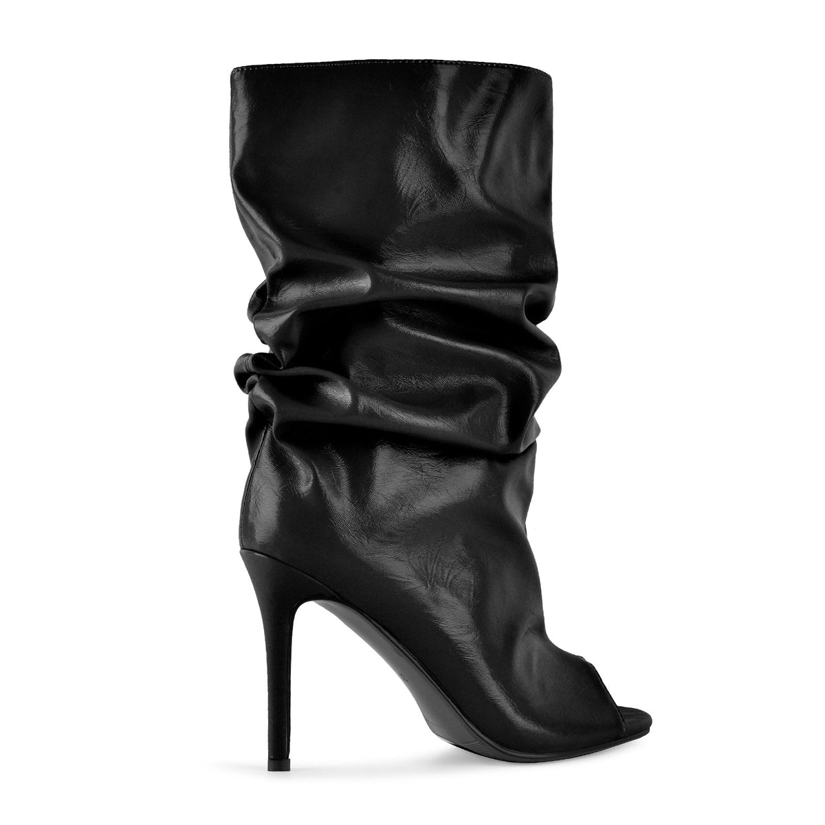 Open Toe Ruched Leather Stiletto Ankle Boots - Onlymaker Exclusive