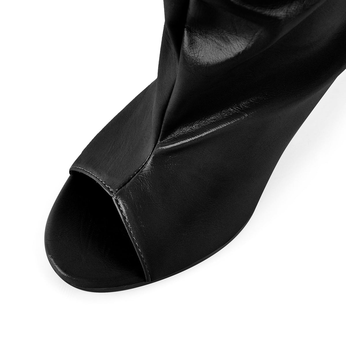 Open Toe Ruched Leather Stiletto Ankle Boots - Onlymaker Exclusive