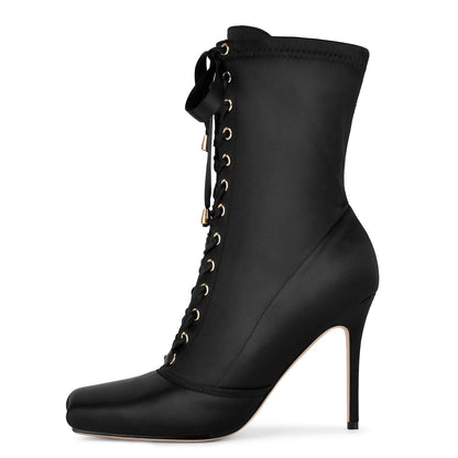 Square Toe Satin Lace-up Stiletto Ankle Boots - Onlymaker Trusted
