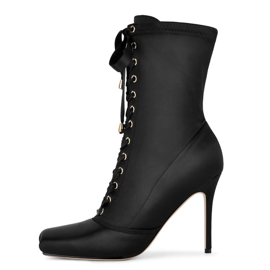 Square Toe Satin Lace-up Stiletto Ankle Boots - Onlymaker Trusted