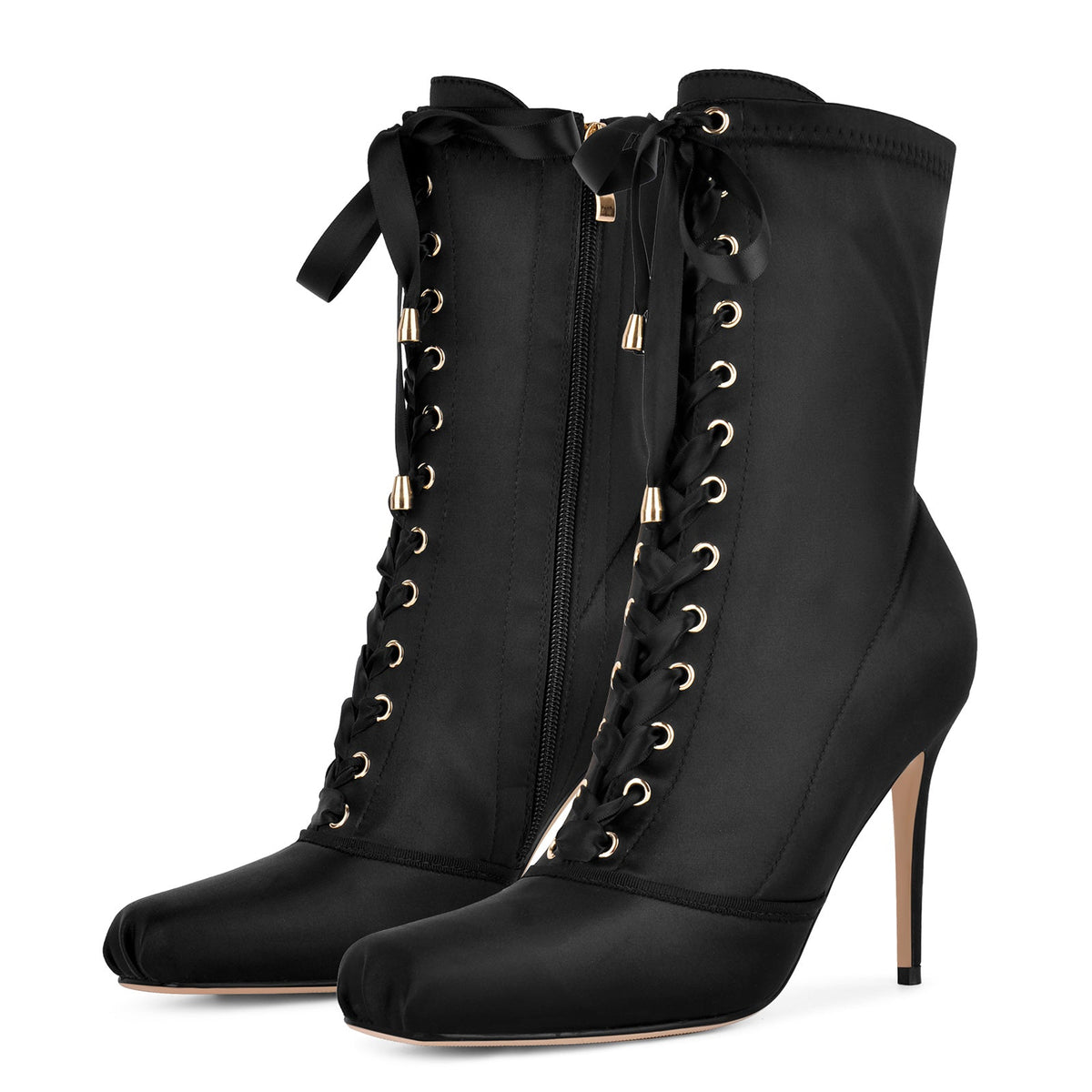 Square Toe Satin Lace-up Stiletto Ankle Boots - Onlymaker Trusted