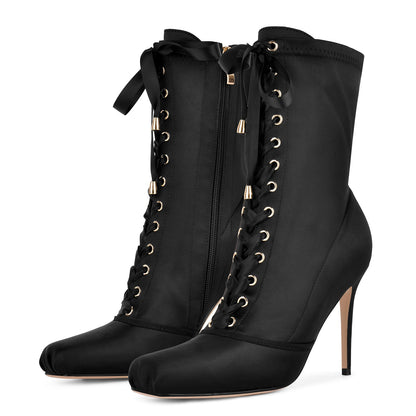 Square Toe Satin Lace-up Stiletto Ankle Boots - Onlymaker Trusted