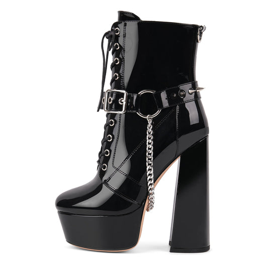 Platform Rivet Buckle Metal Chain Lace-up Ankle Boots - Onlymaker Featured