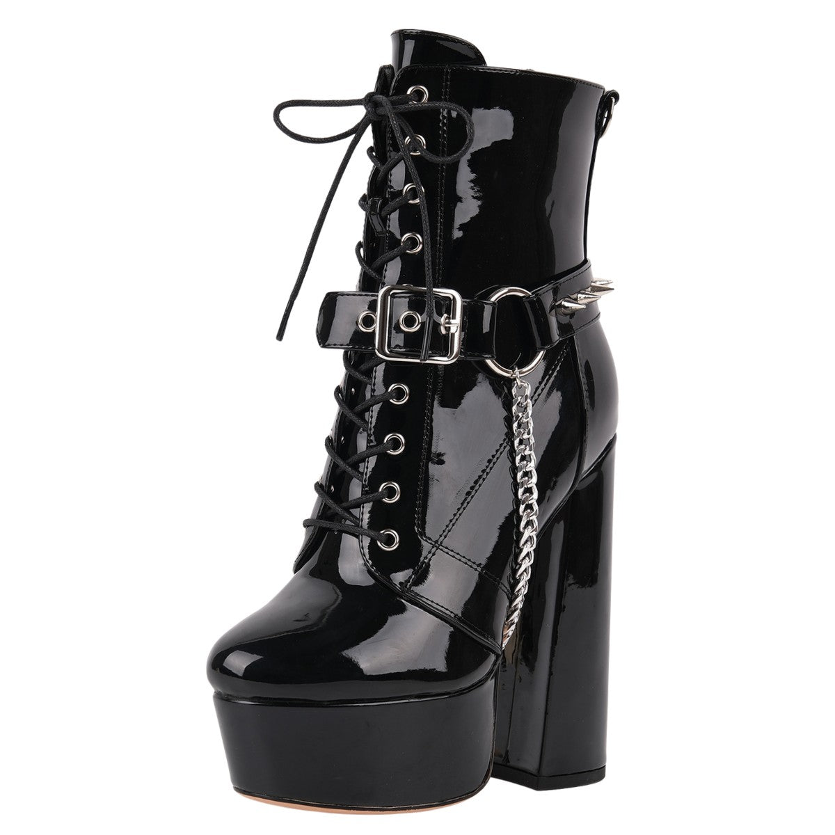 Platform Rivet Buckle Metal Chain Lace-up Ankle Boots - Onlymaker Featured