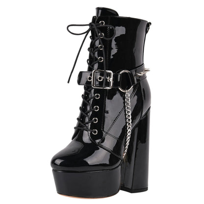 Platform Rivet Buckle Metal Chain Lace-up Ankle Boots - Onlymaker Featured