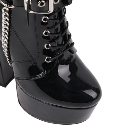 Platform Rivet Buckle Metal Chain Lace-up Ankle Boots - Onlymaker Featured