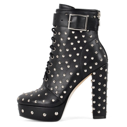 Rivet Platform Buckle Lace-up Ankle Boots - Onlymaker Essential