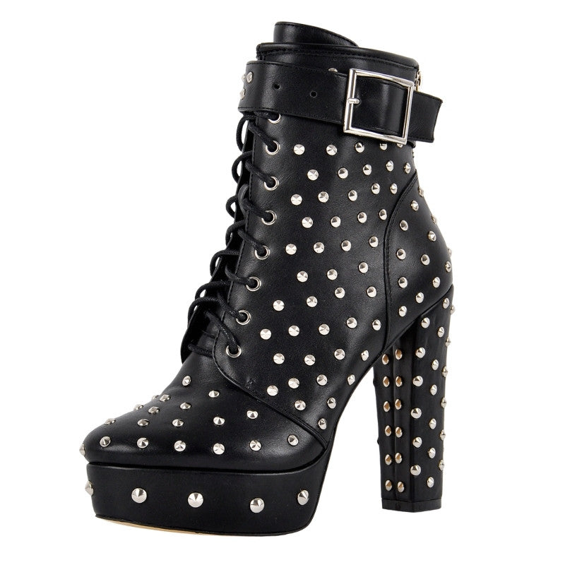 Rivet Platform Buckle Lace-up Ankle Boots - Onlymaker Essential