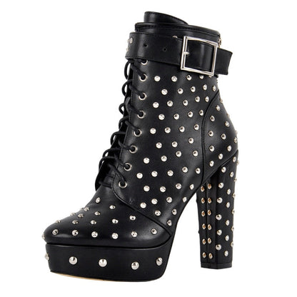 Rivet Platform Buckle Lace-up Ankle Boots - Onlymaker Essential